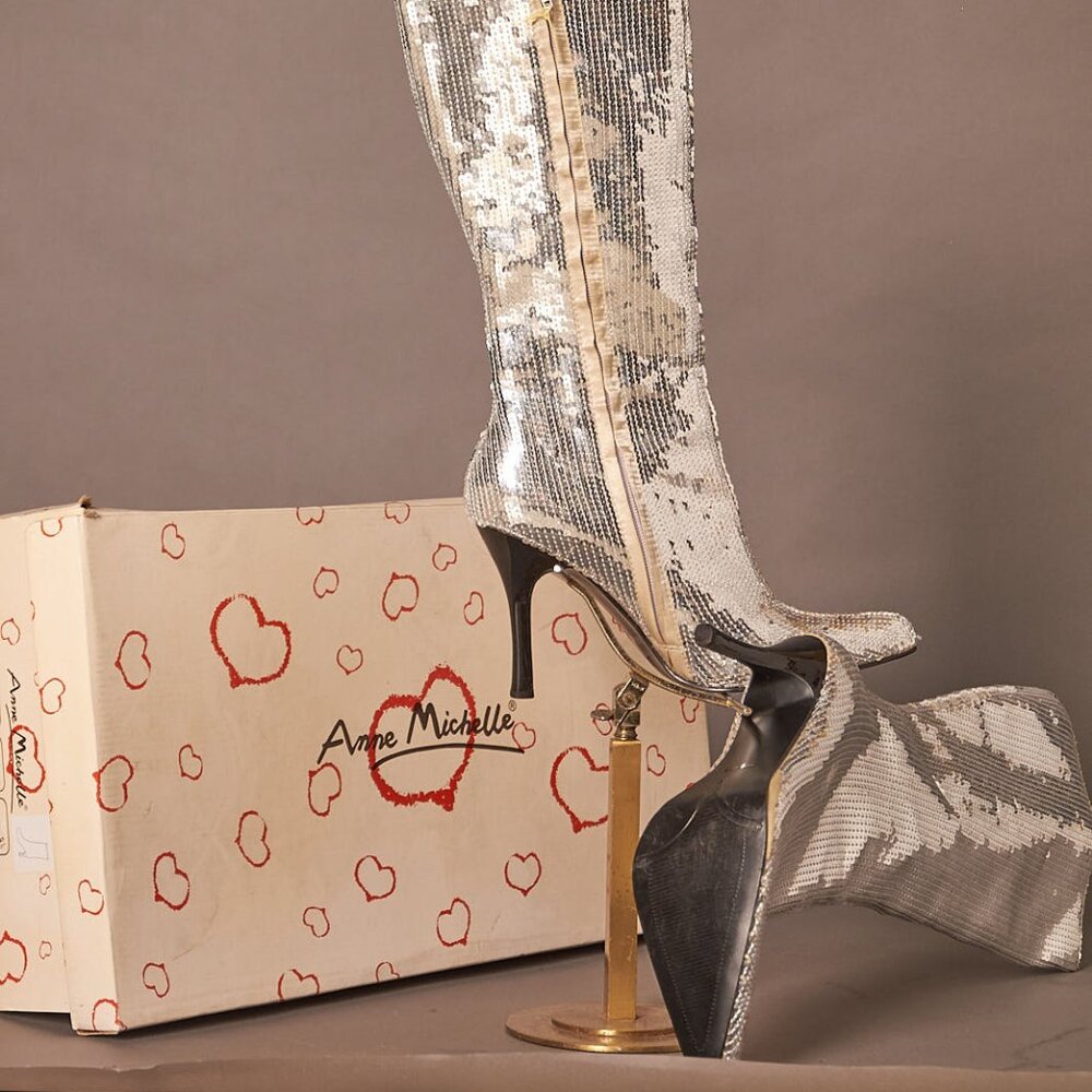 1990s Silver Sequin Knee High Zip Up Heeled Boots Anne Michelle